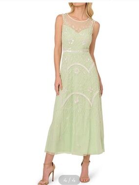 Adrianna Papell Pale Green Beaded Lace Midi Dress